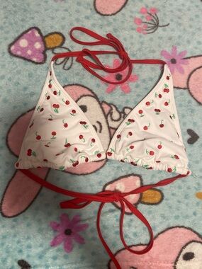 White Cherry Print Triangle Bikini Top with Red Ties